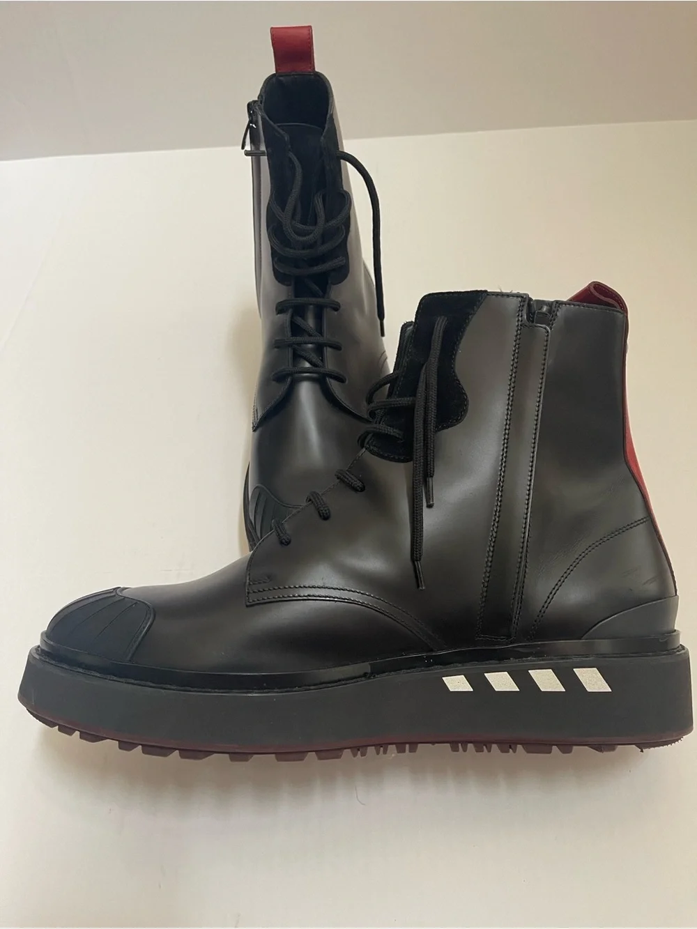 Valentino Garavani Men's Black Leather Lace-Up Rock Stud Boots with Red Heel Tab